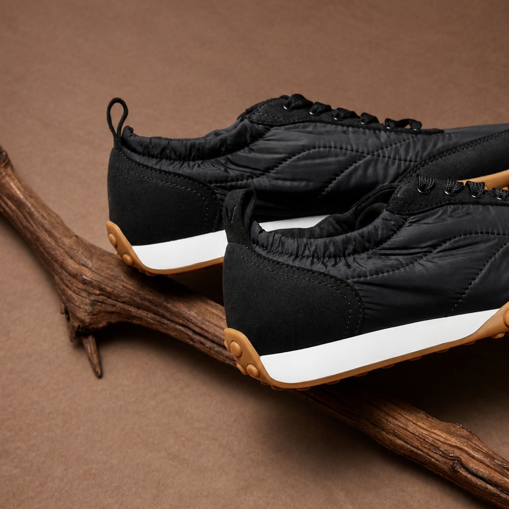 Detalle de zapatillas LEXI negras sobre madera